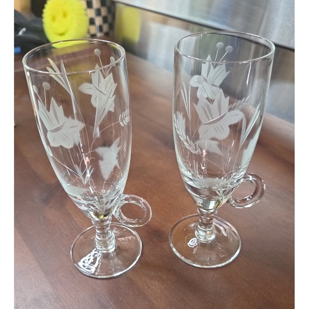 VintageSet of 2 Clear Avitra Etched Floral Irish Coffee Glasses w/ Loop Handles
